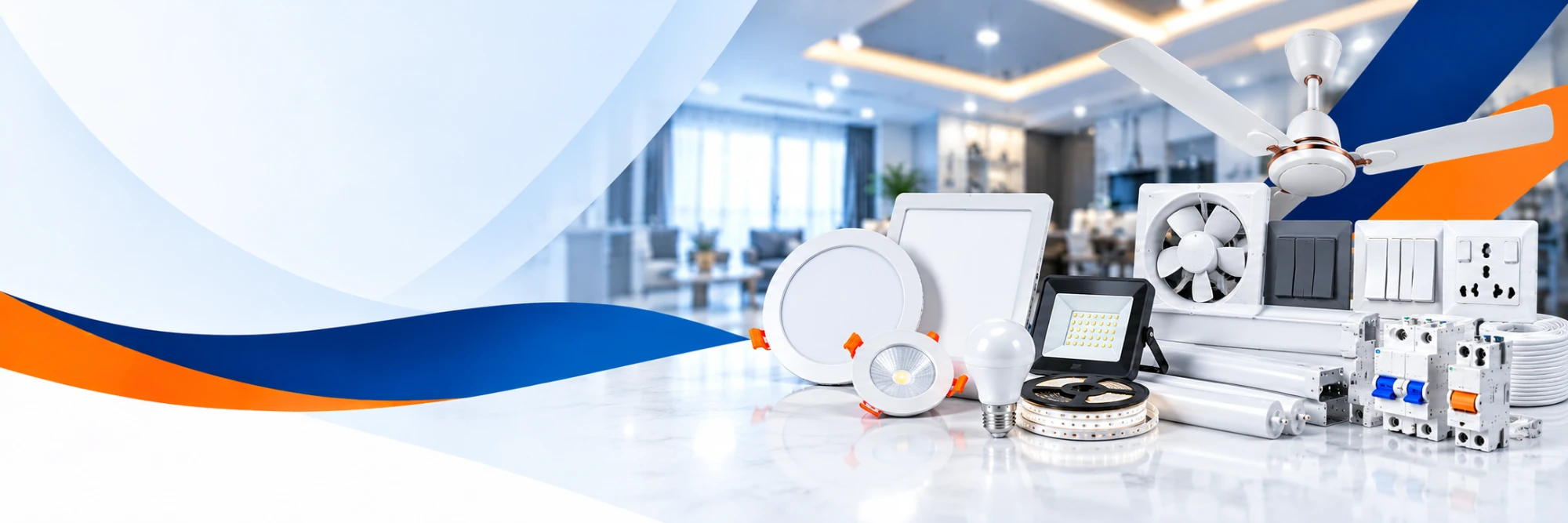 LED panel lights, downlights, a bulb, LED strip, flood light, exhaust and ceiling fans, switches and MCBs in a bright living room